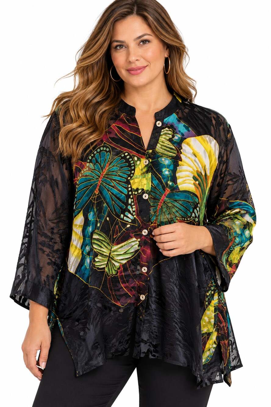 Citron Linda Mardini Butterfly Silk Blend Burnout Tunic Blouse 1X